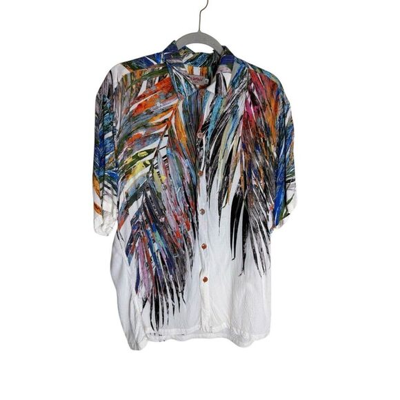 Jams World Hawaiian Shirt Medium Painted Palm Rayon Vintage Luau Tiki Aloha Camp